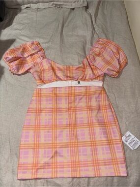 Osos Design Pink & Orange Plaid Puff-Sleeve Mini Dress Size 14 Nwt